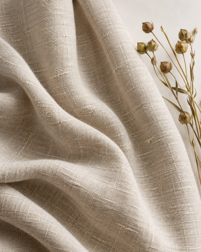 ผ้า Lyocell Linen สีธรรมชาติที่เห็นพื้นผิวเส้นลินิน